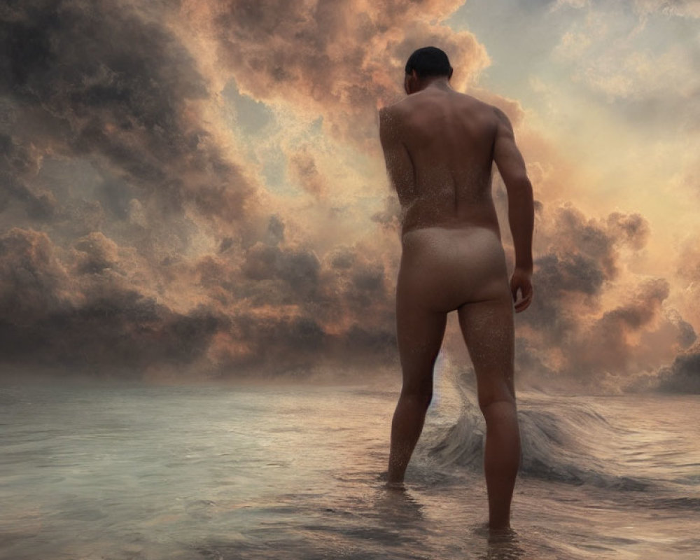 Person wading in the sea at sunrise with swim cap, dramatic sky