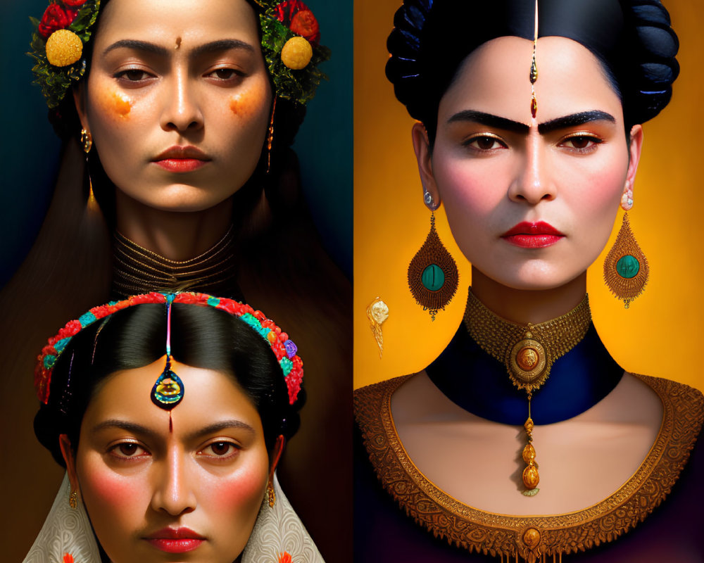 Symmetric portraits of a woman with floral headpieces against golden backdrop