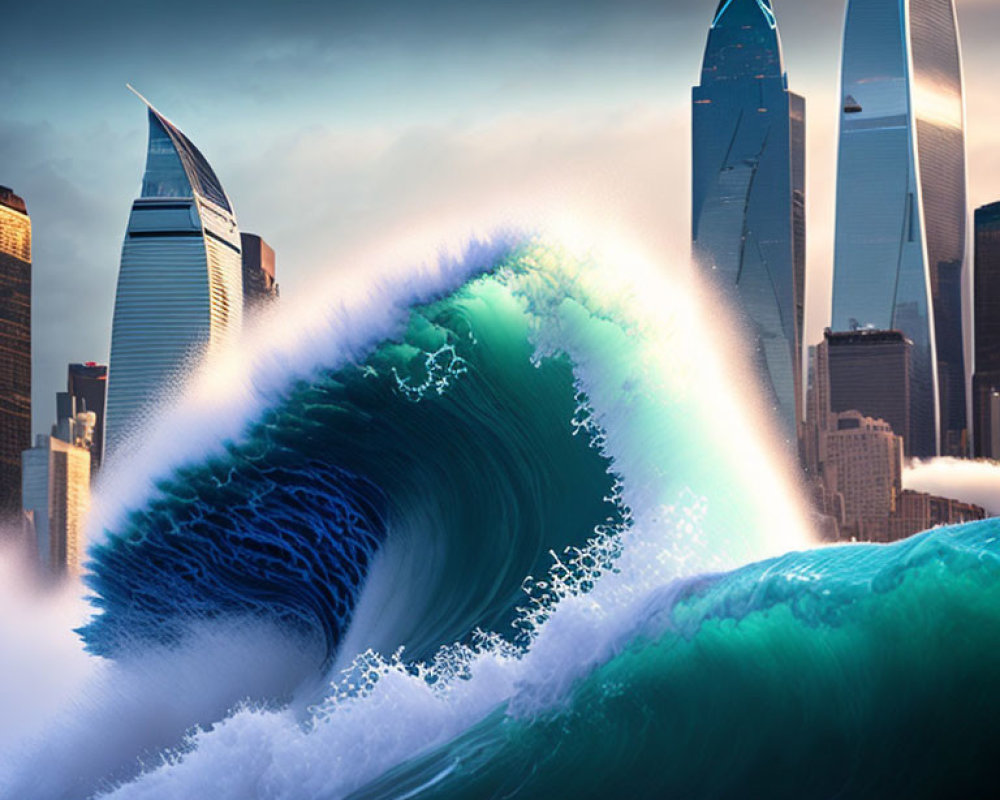 Towering Wave Crests in Modern City Skyline Scene