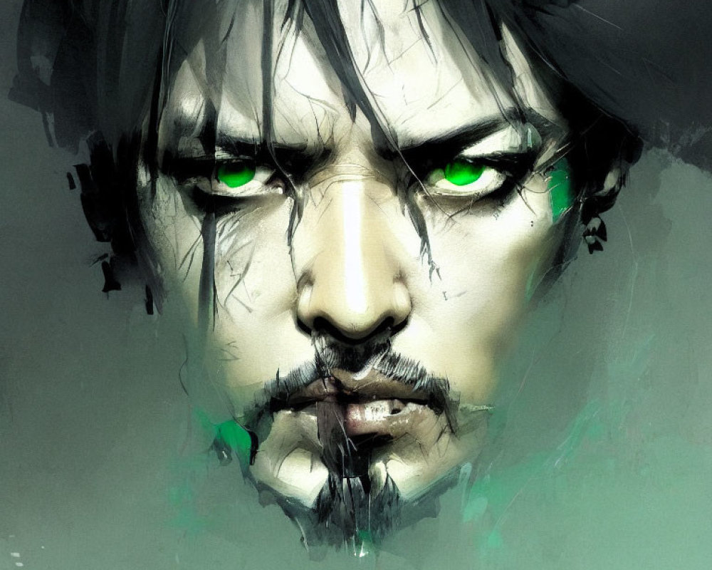 Portrait of Male Figure with Striking Green Eyes and Dark Facial Hair