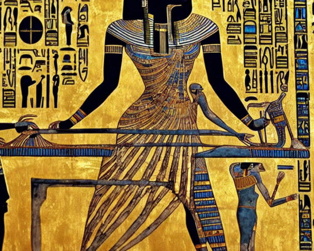 Ancient Egyptian mural with seated pharaoh figure and hieroglyphics.