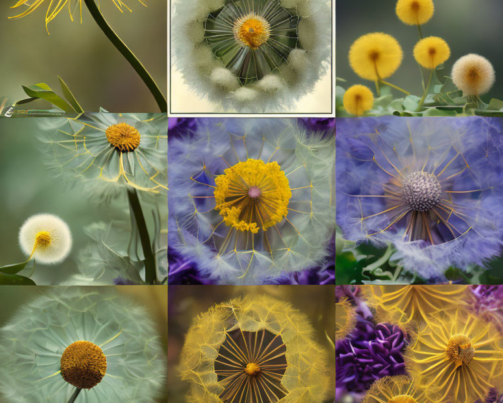 Nine-image Collage of Yellow Dandelion Flowers in Different Stages