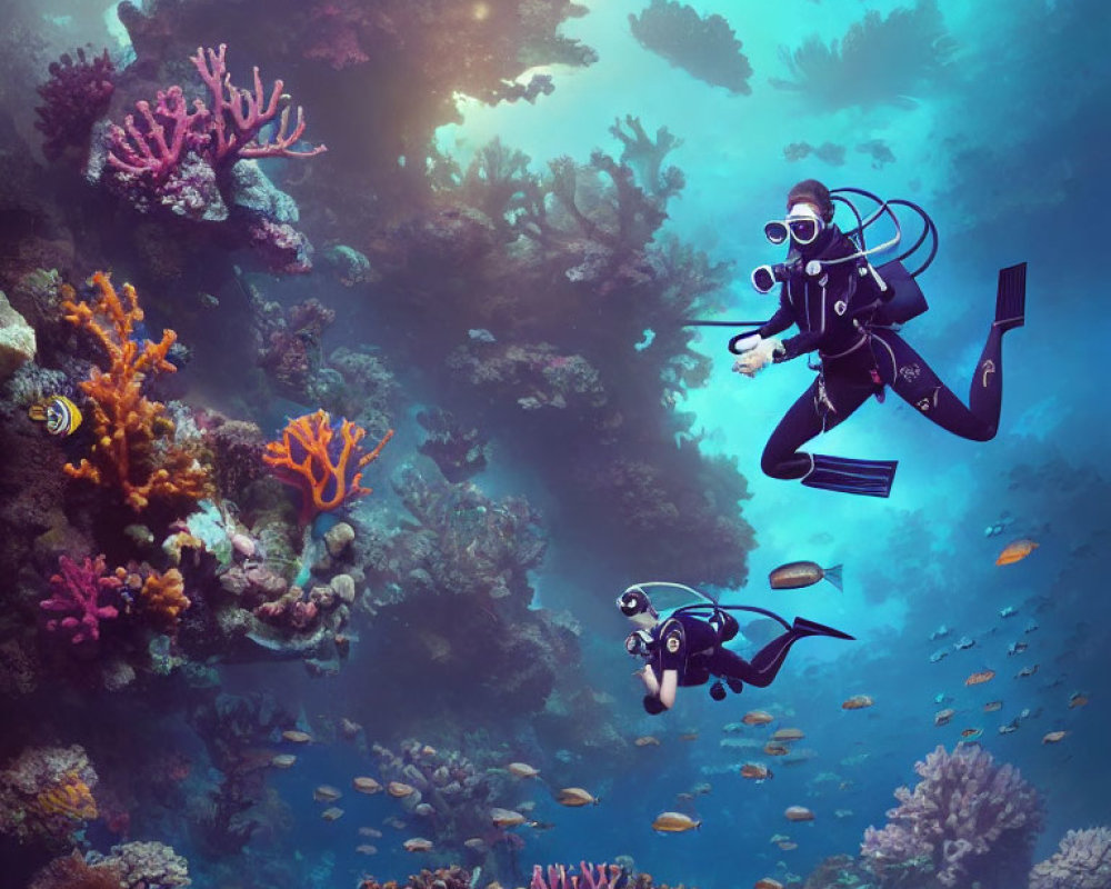 Underwater Diver Among Colorful Coral Reefs and Fish