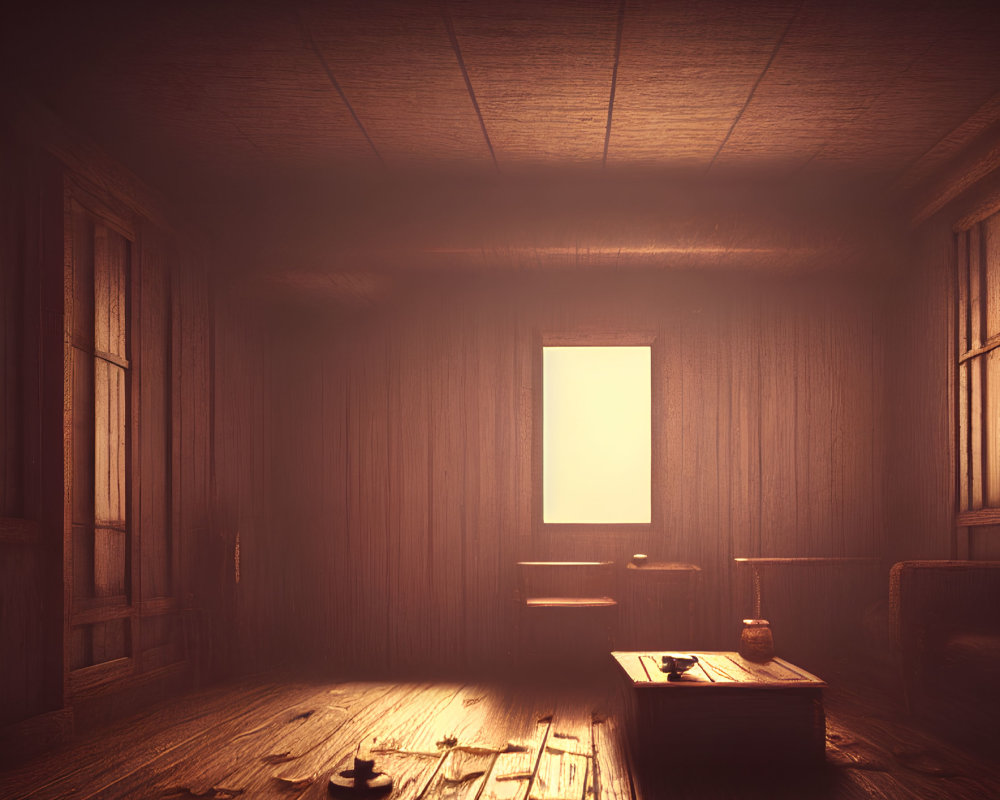 Dimly Lit Wooden Room with Glowing Window and Scattered Papers