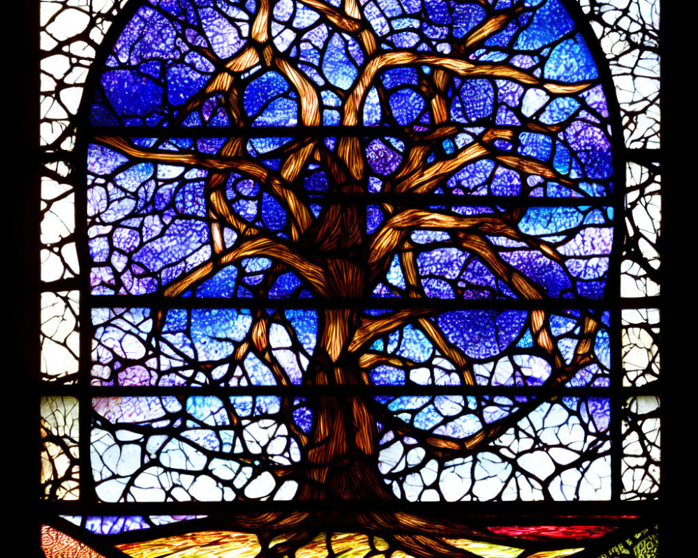 Vibrant Tree Stained Glass Window Against Blue & Purple Background