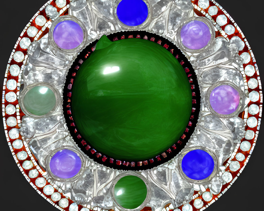 Exquisite jewel-encrusted brooch with central green stone surrounded by diamonds and sapph