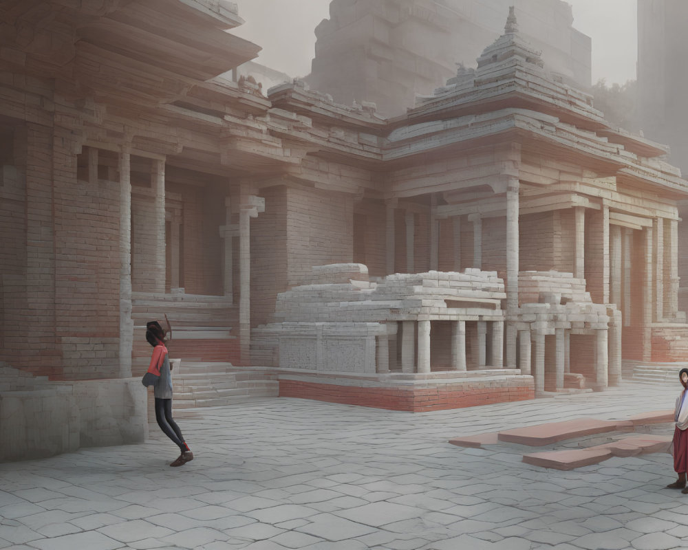 Person walking towards another by ancient red stone structures in misty environment