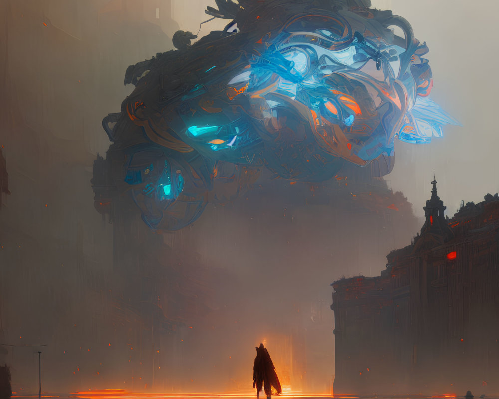 Futuristic cityscape with colossal floating vehicle and solitary figure