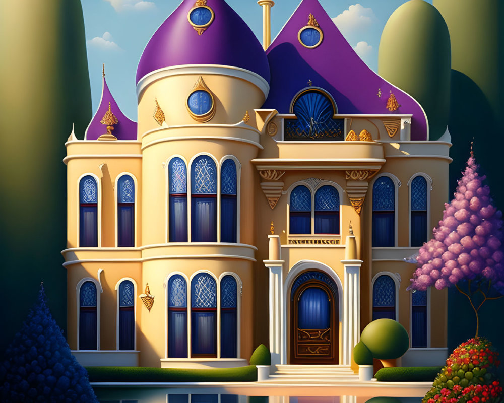 Whimsical fairytale mansion with purple domes and golden accents