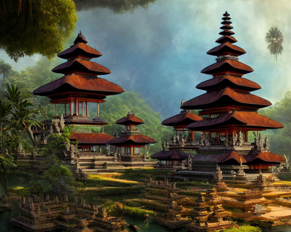 Balinese multi-tiered temples in lush greenery and misty forest