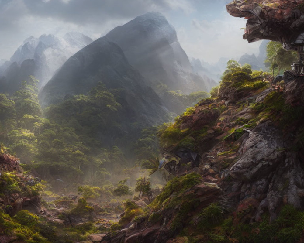 Fantasy landscape with mountains, vegetation, and cliff-top structure