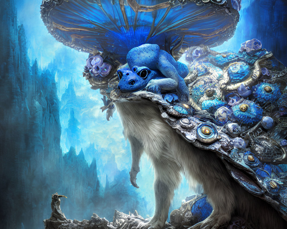 Blue cat-like creature with mushroom cap and gem-encrusted body on rocky landscape