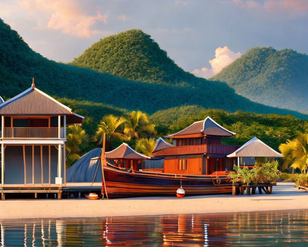 Tropical beach resort with wooden huts on stilts, traditional boat, lush green hills at sunset