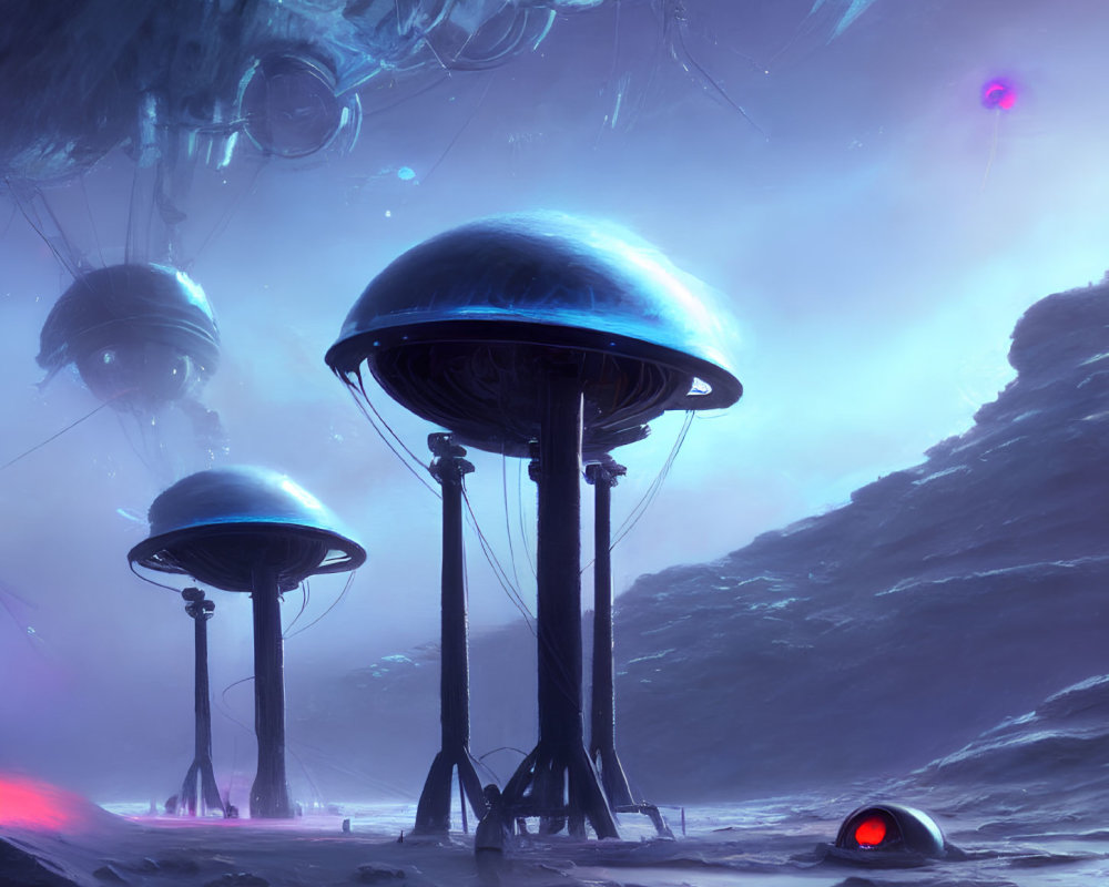 Alien landscape with towering mushroom structures under purple sky