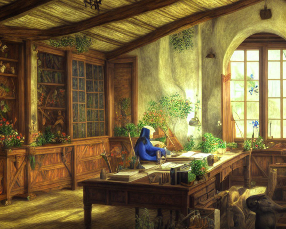 Quiet Study Room with Person Reading at Wooden Desk