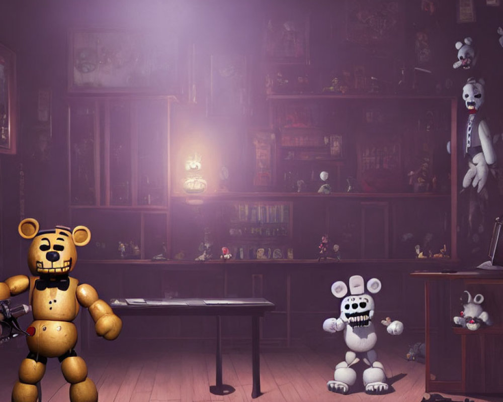 Dimly Lit Toy Room with Cartoon Animatronic Characters