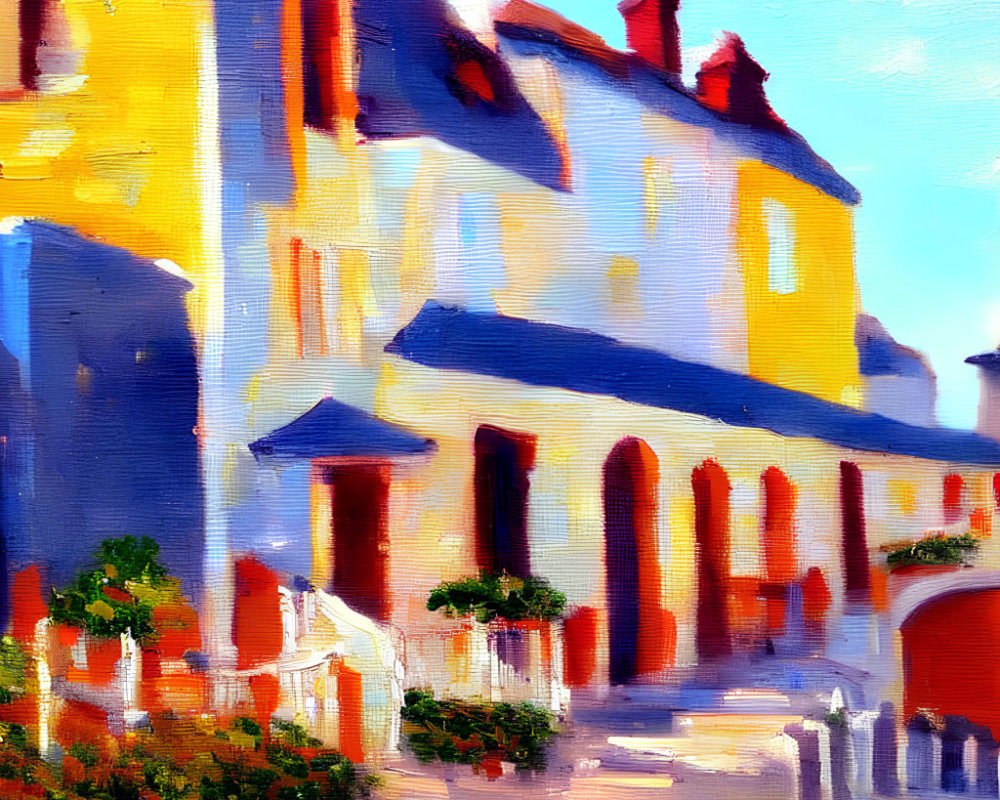 Colorful houses on quaint street: Vibrant oil painting