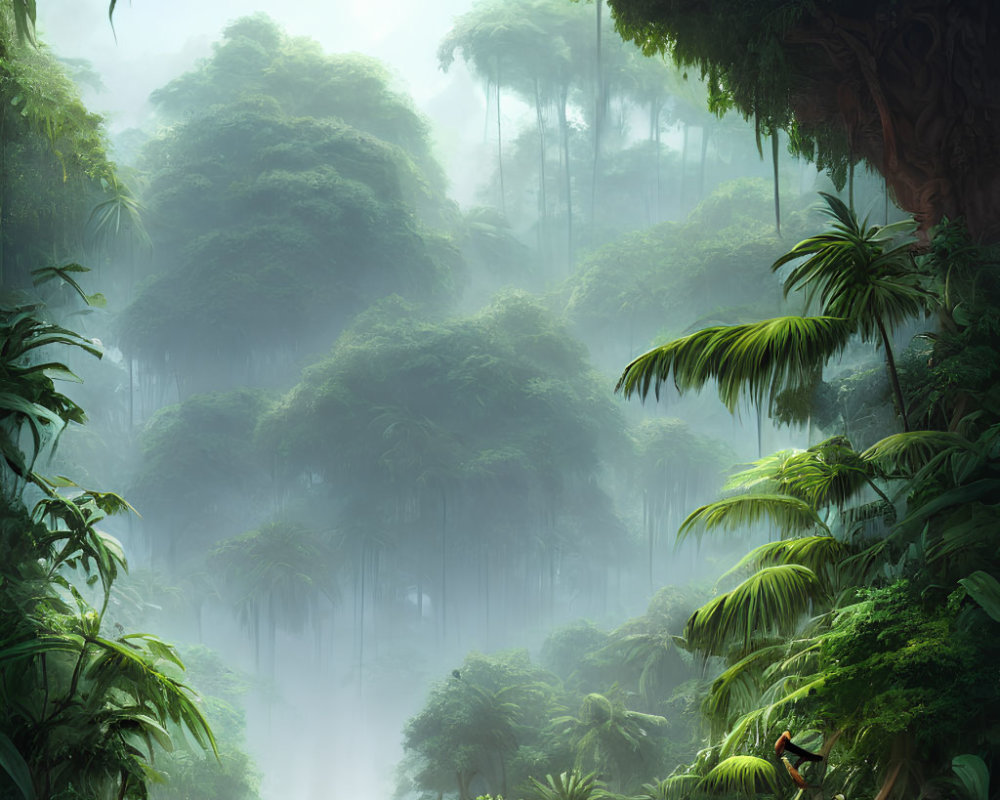 Lush Green Jungle with Dense Foliage and Misty Atmosphere