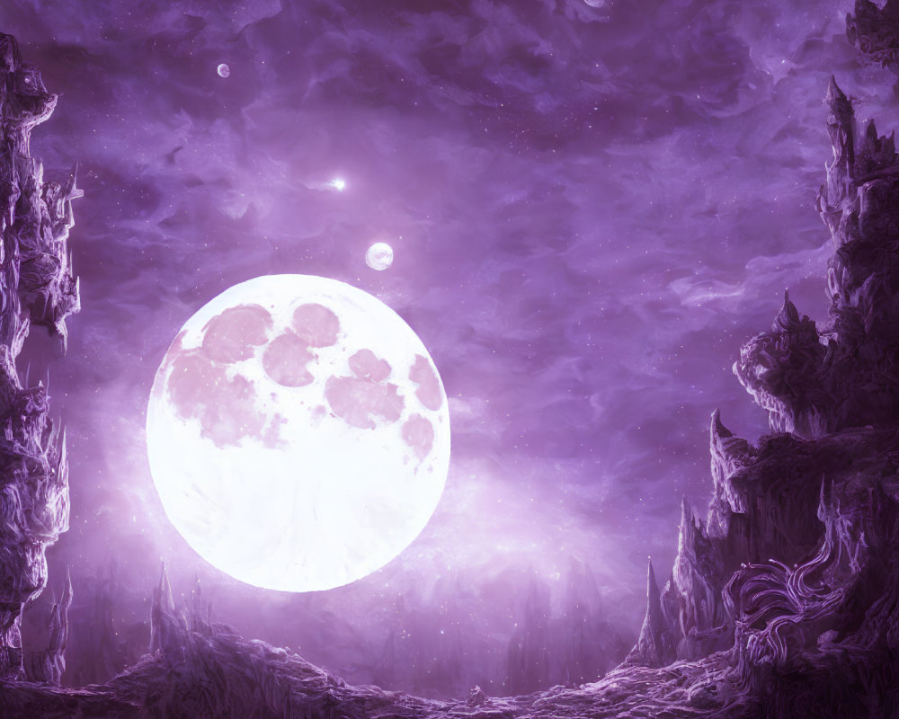 Fantasy Night Landscape with Luminous Moon and Celestial Bodies