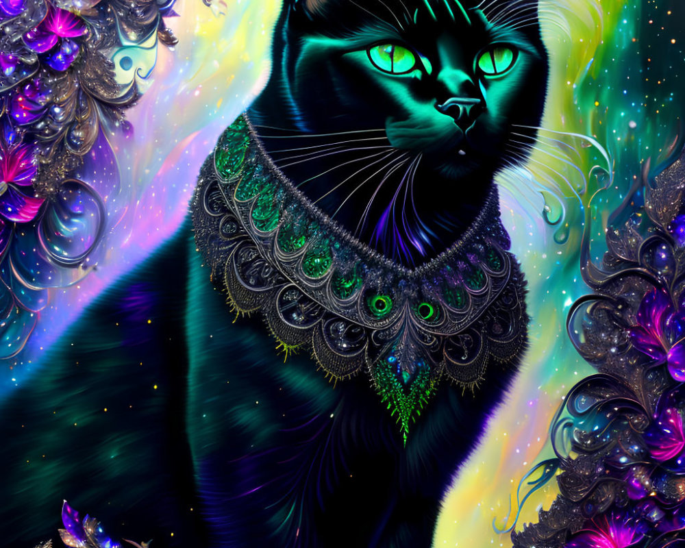 Majestic cosmic black cat with jeweled collar in starry nebula.