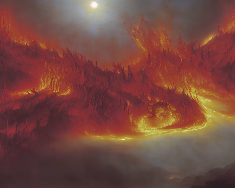 Fiery red and orange flames in otherworldly landscape