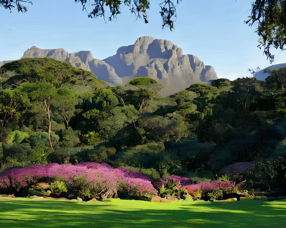 Scenic garden with purple flowers and mountain view