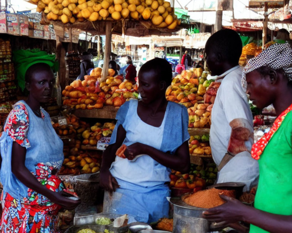 Three People at Colorful Market Stall with Fruits and Grains Displayed