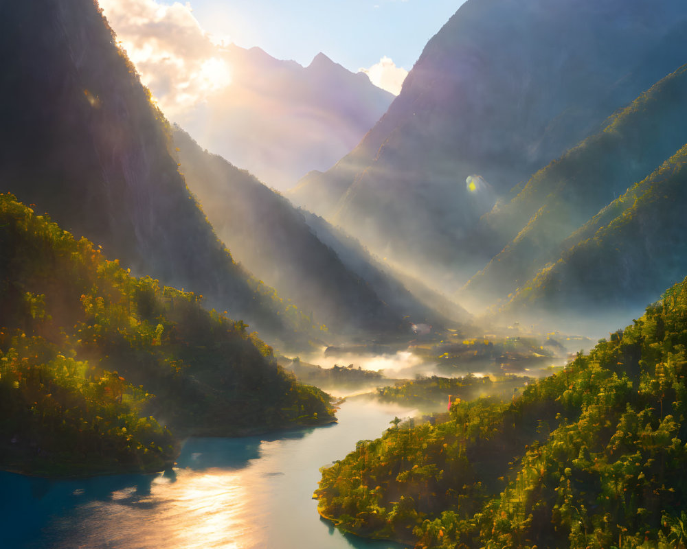 Serene sunrise over misty river valley with green mountains and red flowers