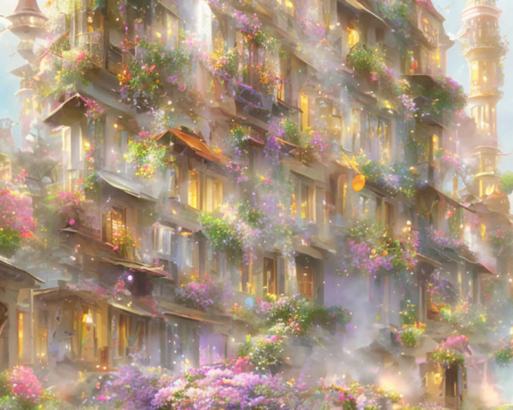 Vibrant flower-covered multi-story building in soft magical glow