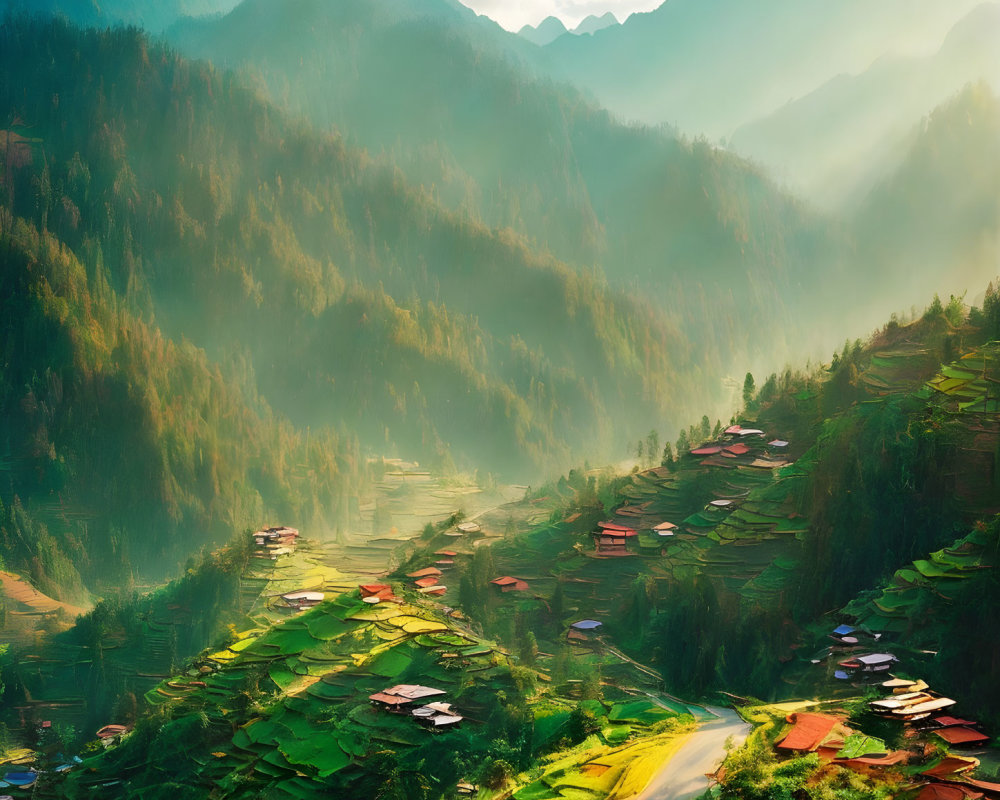 Scenic green valley with terraced fields, houses, winding road, and mountain backdrop in golden sunlight