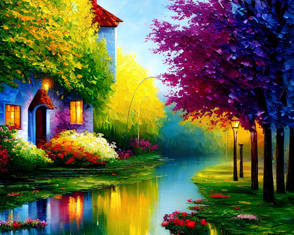 Serene river landscape with cottage, trees, and flowers