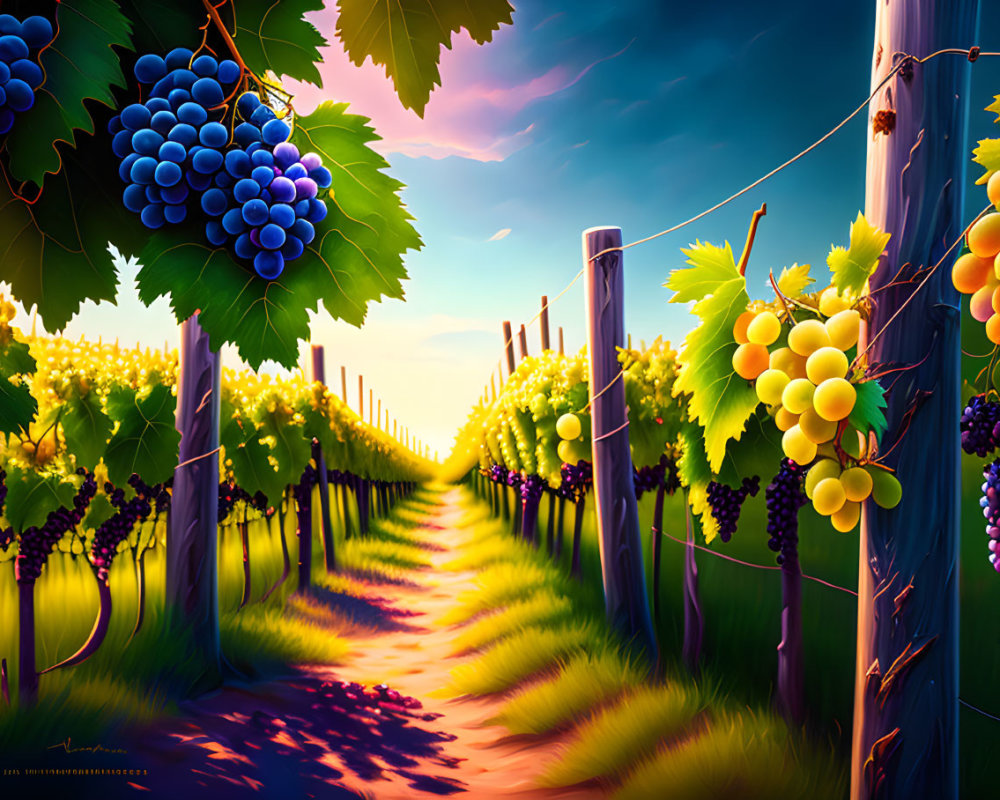 Lush Vineyard Illustration with Grapevines and Sunlit Path