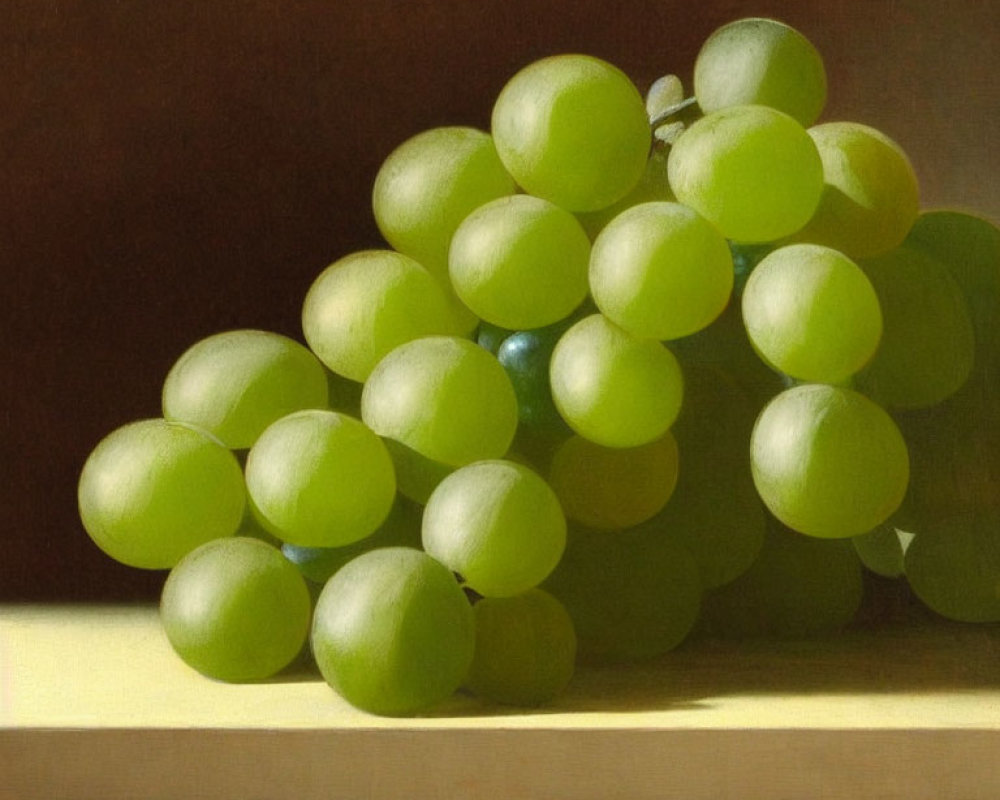 Realistic painting of green grapes with light and shadow on dark background