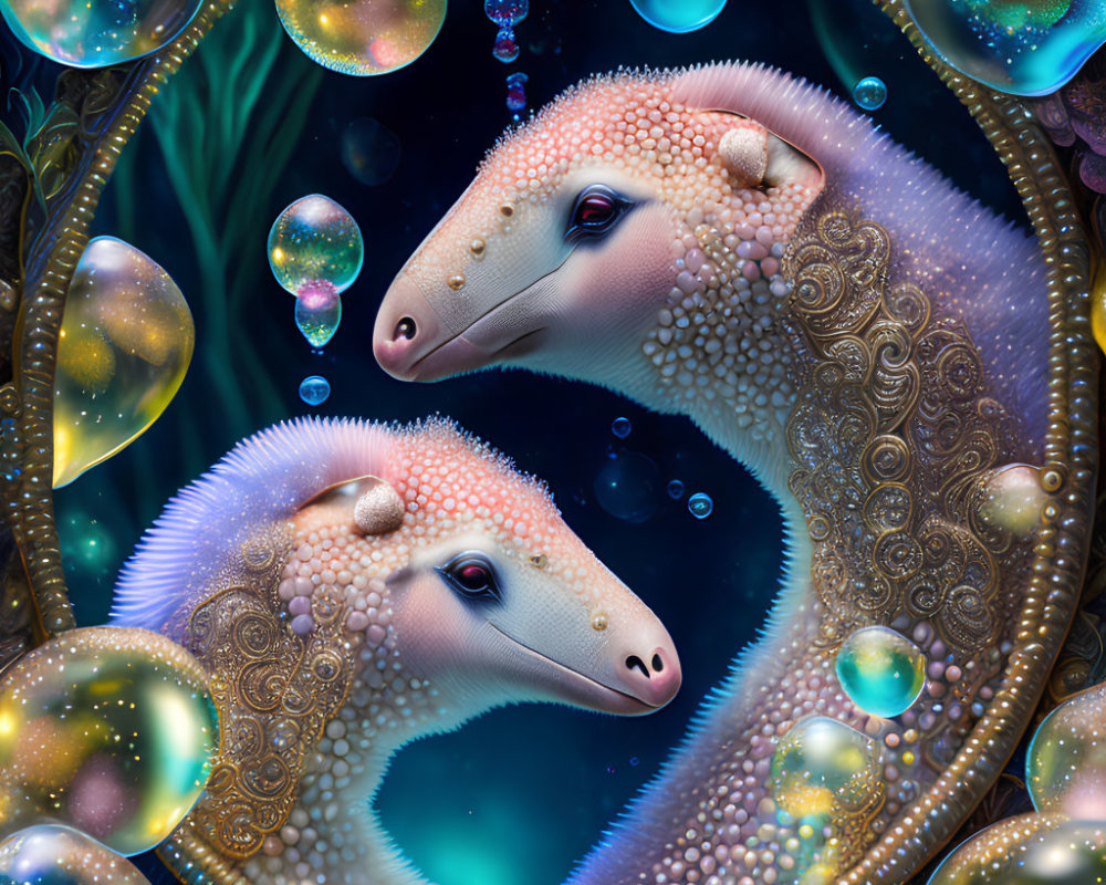 Fantastical seahorse-like creatures with intricate patterns in underwater scene