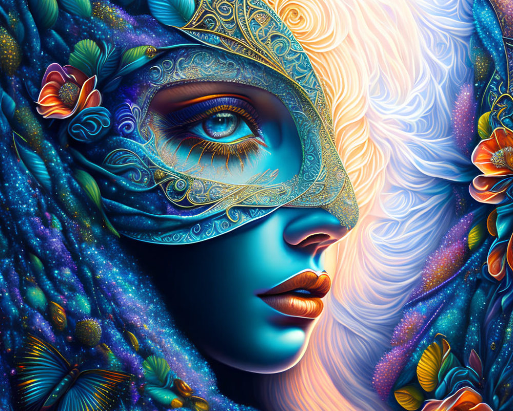 Colorful digital artwork: Woman with masquerade mask, intricate patterns, and mystical white wolf in