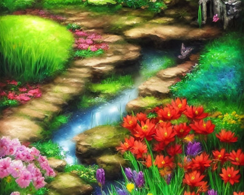 Colorful Flower Garden Scene by Gentle Stream