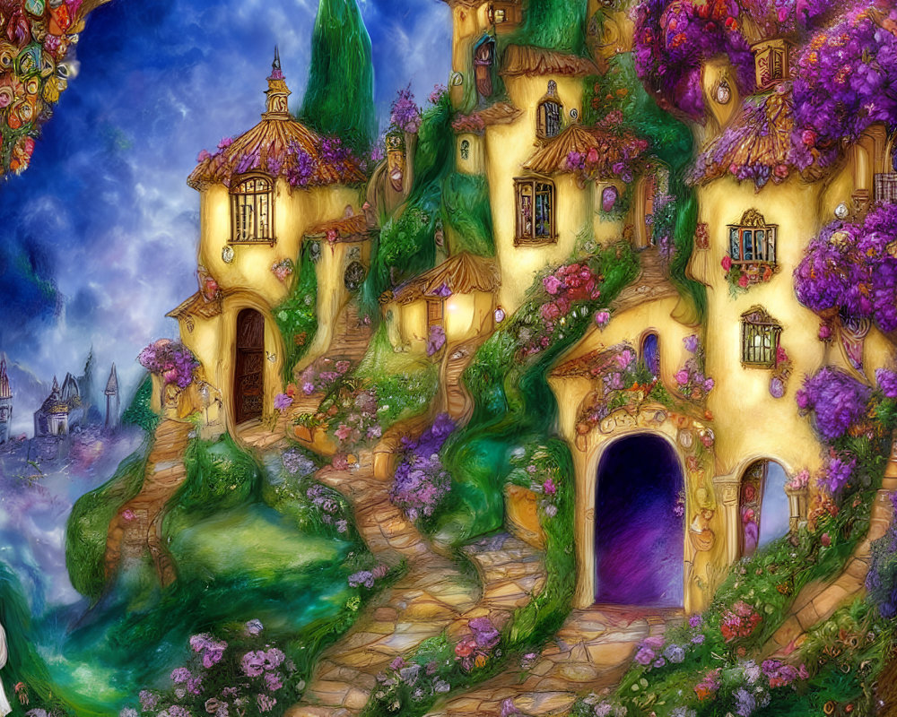 Colorful fairytale village illustration with floral cottages and figure in white.