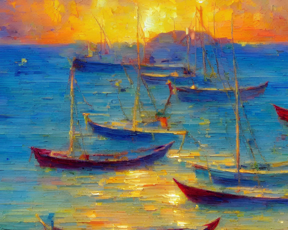 Sailboats on calm waters with golden sunset sky in oil painting