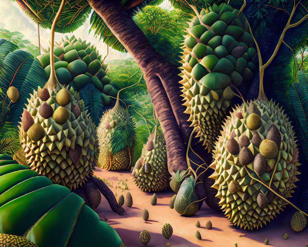 Surreal Landscape with Oversized Durian Fruits in Lush Jungle