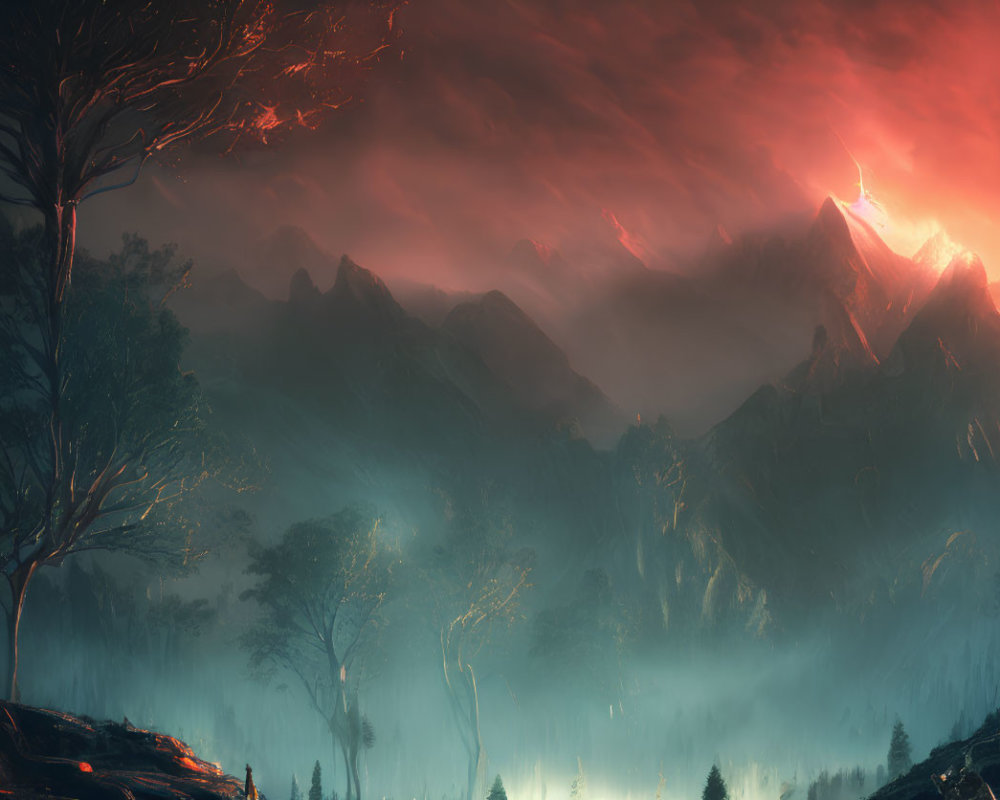 Surreal landscape with fiery skies, misty mountains, lightning, and tree silhouettes