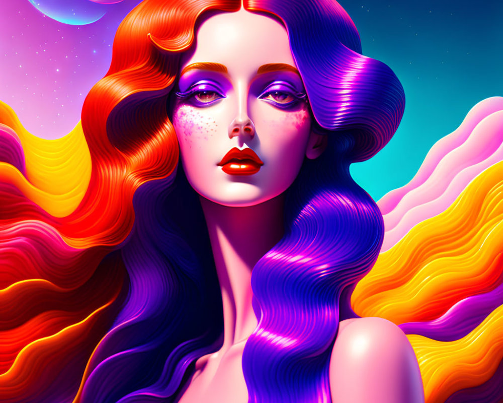 Colorful digital artwork: Woman with purple hair in surreal setting