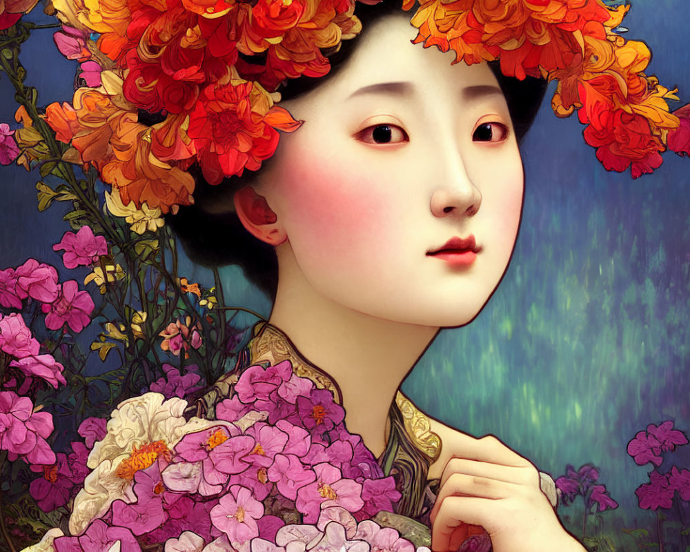 Asian woman digital art portrait with flower headdress and bouquet on blue backdrop