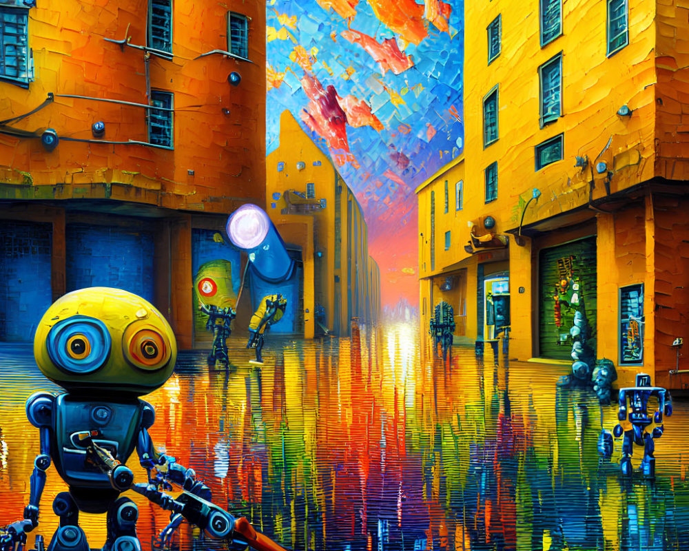 Colorful cityscape with whimsical robots and reflective surface