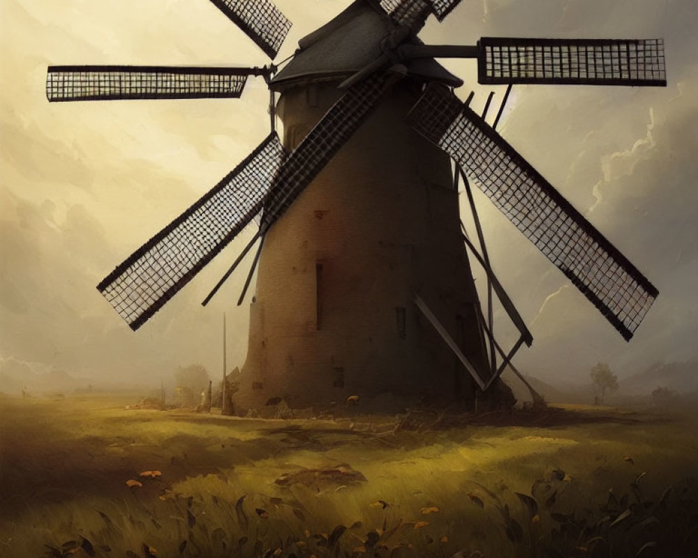 Traditional windmill in golden field under soft-lit sky