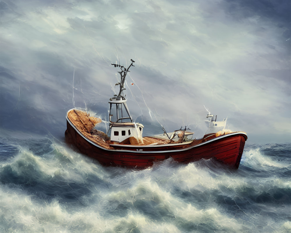 Red fishing boat battling turbulent ocean waves under stormy sky