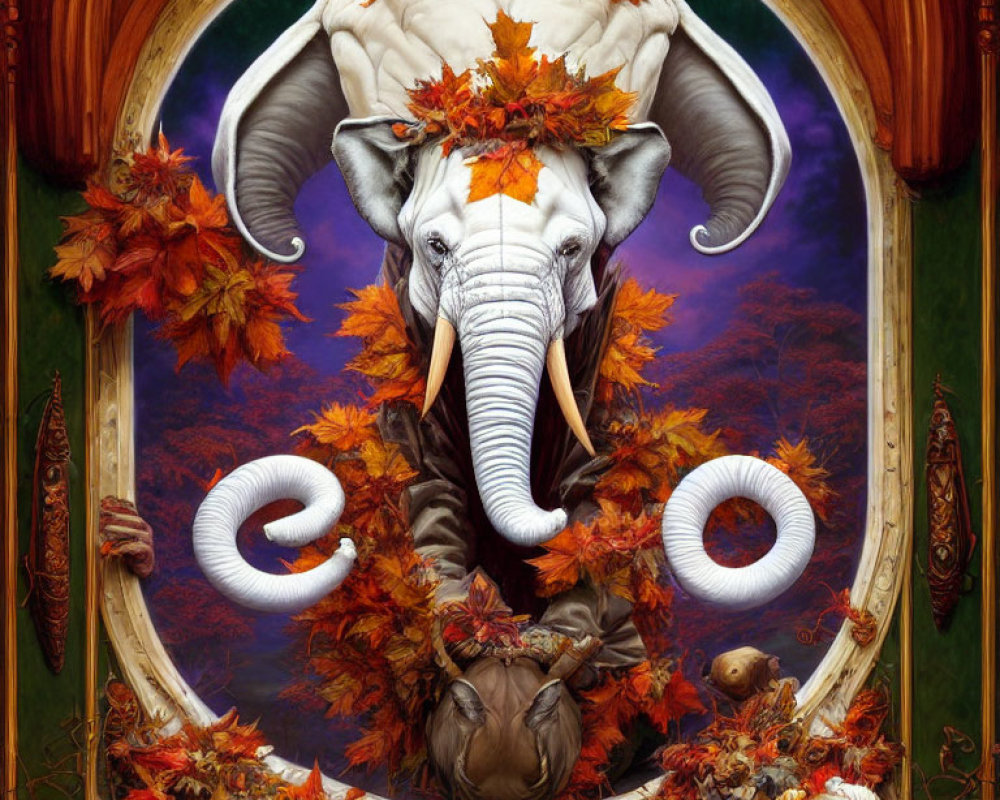 Ornate frame surrounding surreal elephant in autumn leaves on purple backdrop