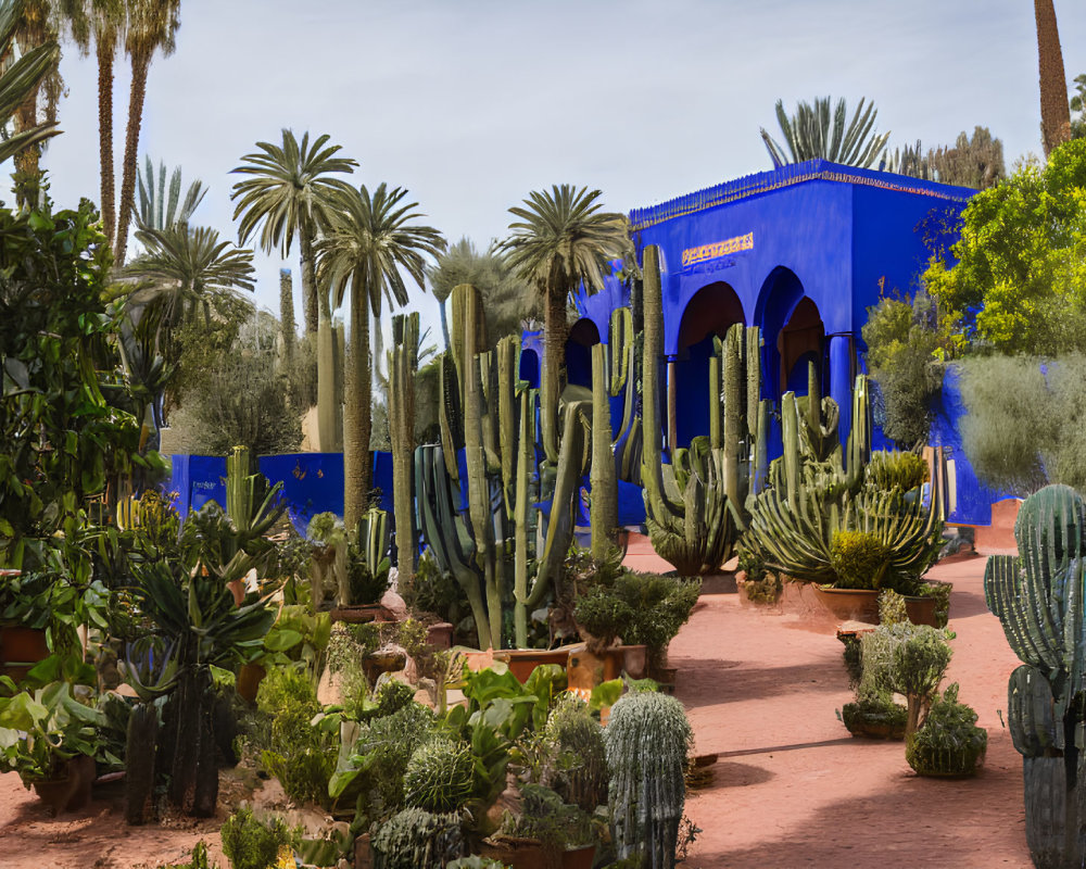 Lush Garden with Cacti, Palms, Green Plants, and Blue Building