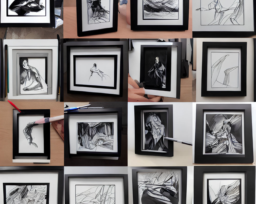 Monochrome Abstract Artworks and Sketches Collage Displayed on Surface