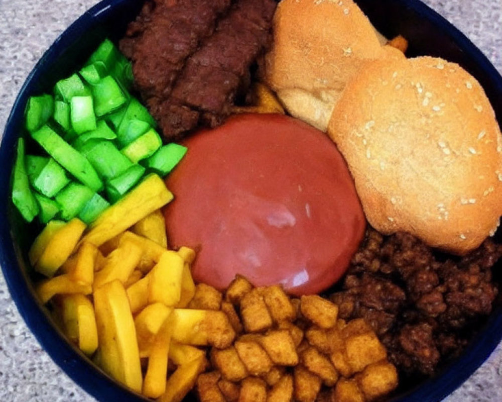 Assorted Foods in Bowl with Cucumber, Fries, Hamburger Patties, Potatoes,