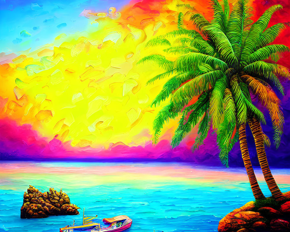 Colorful Palm Tree Painting on Tropical Shoreline with Boat and Sunset Sky